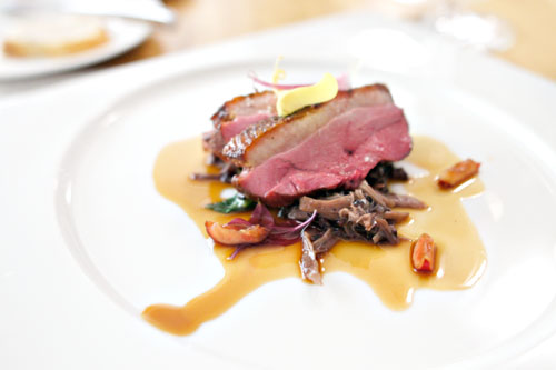 Pan Roasted Duck Breast with Forbidden Rice and Foie Gras 'Risotto,' Pickled Ramps, Duck Confit, Cherry Jus