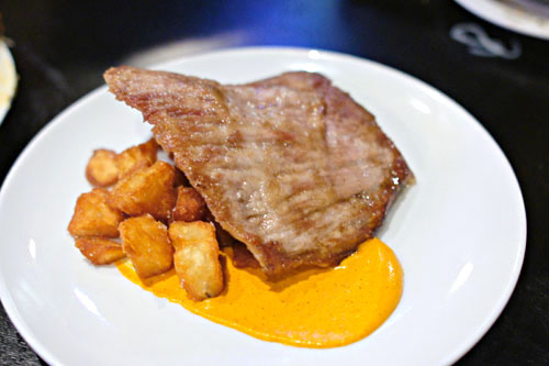 Iberico De Bellota Secreto, Romesco, Blumenthal Potatoes