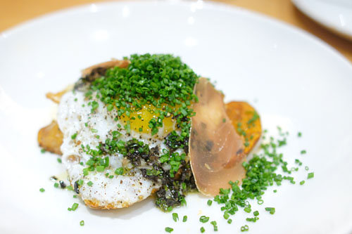 fried duck egg, papas bravas, truffle vinaigrette & tuna prosciutto