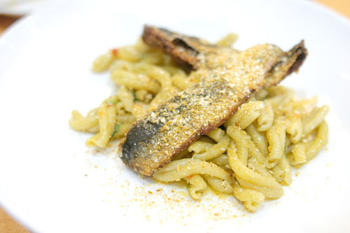 casarecce, crispy sardines, preserved lemons, lovage & botarga bread crumbs