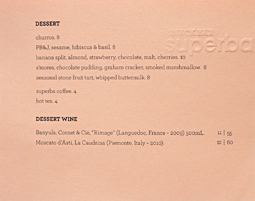 Superba Snack Bar Dessert Menu