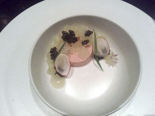 chicken liver steamed in rice wine, caviar, green apple, radish, brioche