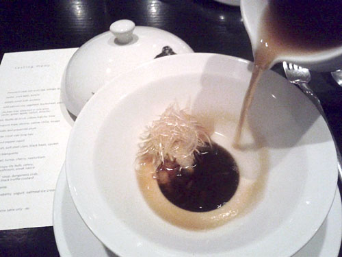 'shark's fin' soup, dungeness crab, Jinhua ham, black truffle custard