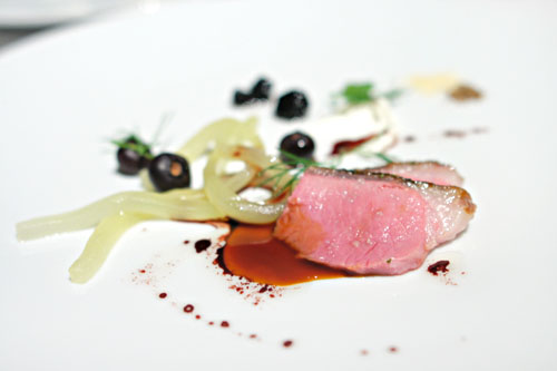 Lamb and cucumber, blueberries with juniper