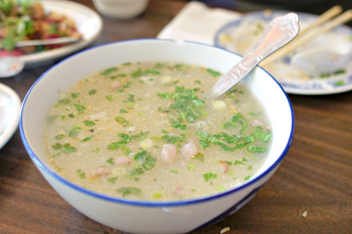 Westlake rice porridge, hangar steak, rock shrimp, soy-cured Egg, cilantro