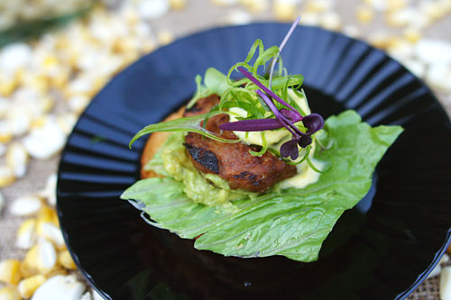 Alpaca and Lamb crostini, Pickled Cucumbers, Avocado, Aji Amarillo Yogurt dressing