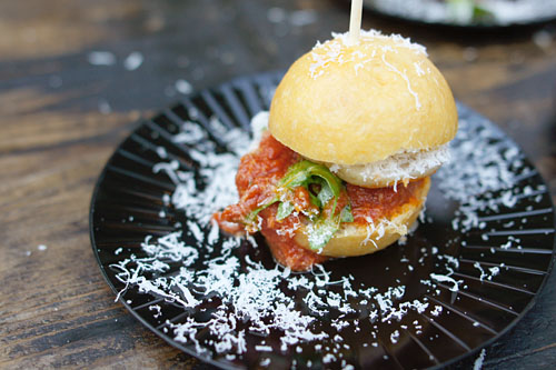 Mini Chicken Meatball Sandwich with Fresh Mozzarella and Country Line Harvest Arugula