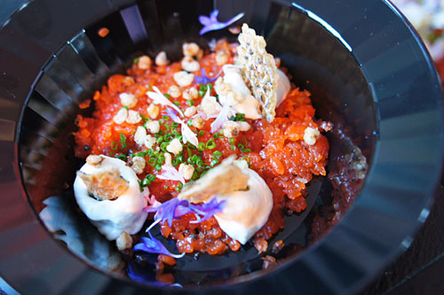 Cured Wild King Salmon Tartare, Crispy Buckwheat, Nori Crème Fraiche and Ikura