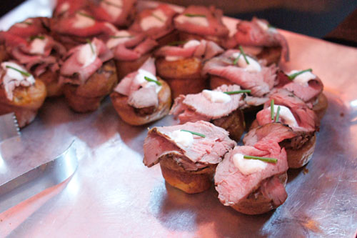 Blue Cheese Studded Yorkshire Pudding with Slivered Beef and Horseradish Crème Fraiche