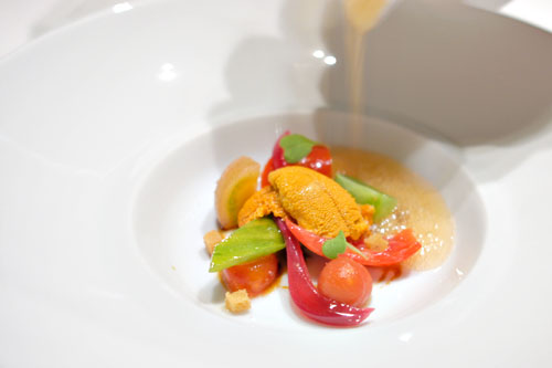 Heirloom tomato salad, Santa Barbara sea urchin, soy caramel