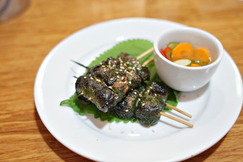 Grilled beef wrapped in sesame leaves