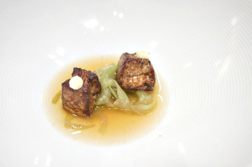 Seared Dices of Foie Gras with Horseradish, 'Braised-Grilled' Celery Stalk Serpentines, Potato Chips Bouillon