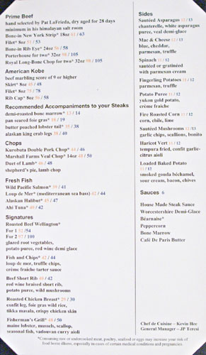 Gordon Ramsay Steak Menu