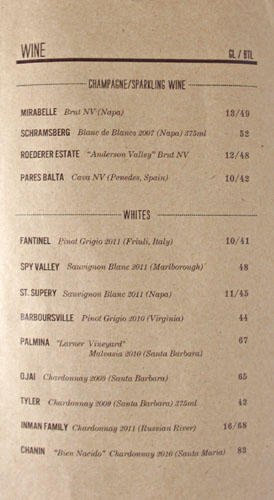 The Fat Cow Wine List