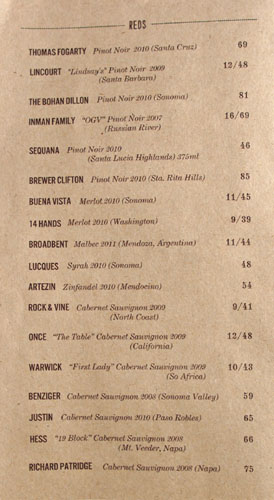 The Fat Cow Wine List