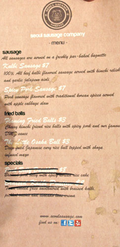 Seoul Sausage Company Menu