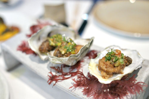 Sautéed Fanny Bay Oysters, Curry, Cucumber Relish