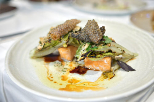 Wild King Salmon, Romesco Vinaigrette, Grilled Romaine Hearts, Anchovies