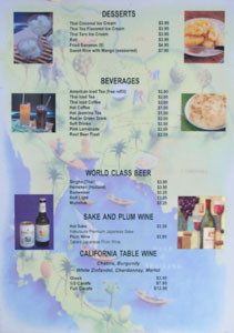 Renu Nakorn Menu: Desserts / Beverages / World Class Beer / Sake and Plum Wine / California Table Wine