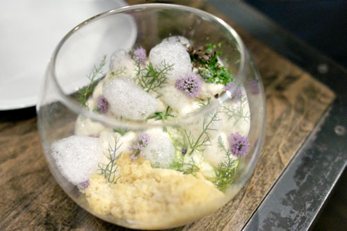 Sweet corn, custard, frozen uni powder, rambutan, lemongrass, chervil, young ginger