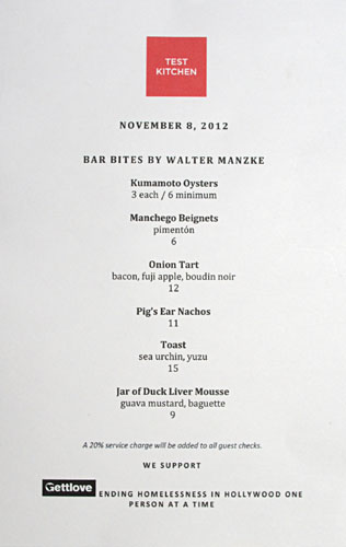 Test Kitchen (Walter Manzke) Bar Bites Menu