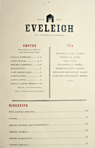 Eveleigh After Dinner Drink Menu