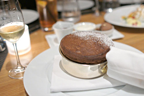 Valrhona Chocolate Soufflé, Whipped Crème Fraiche, Gianduja Chocolate Ice Cream