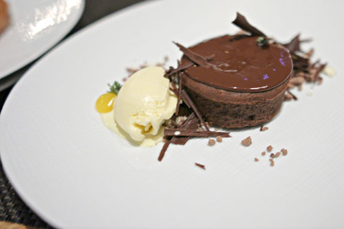 Dark Chocolate Pudding Cake, Cocoa Nib Streusel, Honey & Rosemary Ice Cream