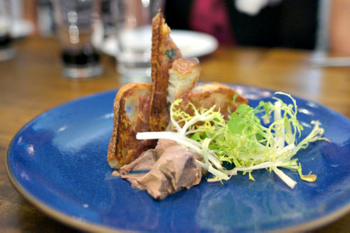 chicken liver toast, date jam & frisee