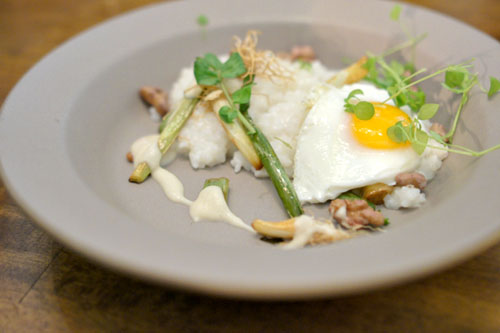 anson mills rice grits, onion, farm egg, pickled walnut