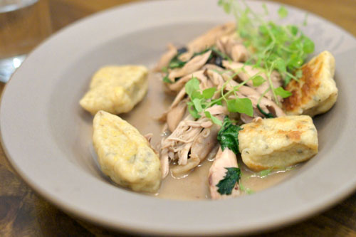 braised chicken dumplings with olives and nettles