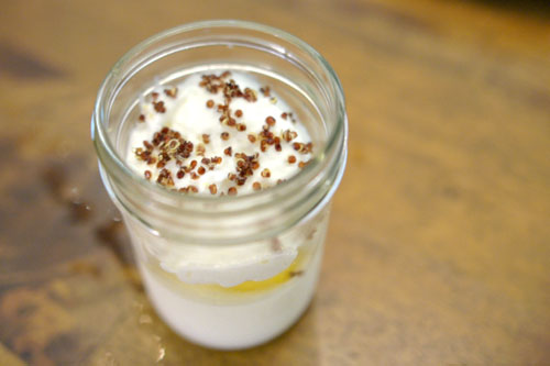 buttermilk panna cotta, tangerine, bay, quinoa