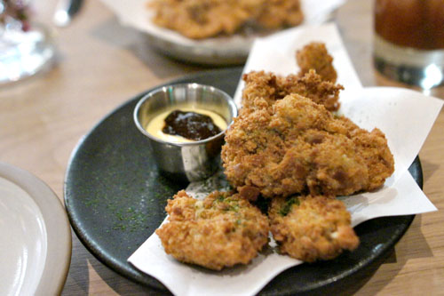 fried oysters, black garlic aoli