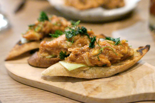 chili crab toast, spicy cucumber, coriander