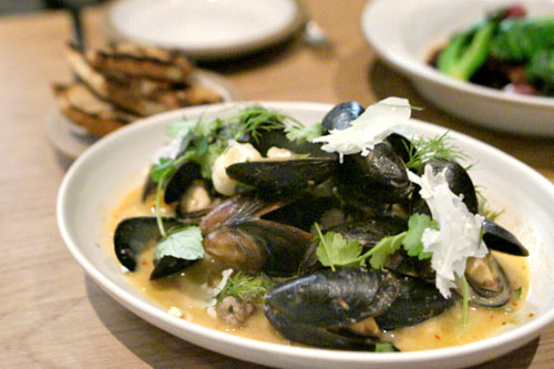 coconut-curried mussels, sausage, cauliflower