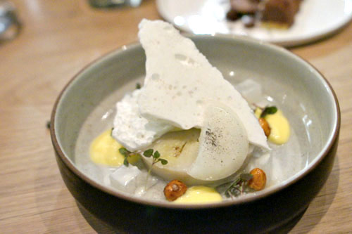 steamed banana cake, saffron cremeux, frozen coconut, hazelnut