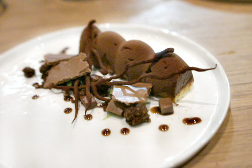 chocolate-praline, malt cake, milk chocolate jelly, cocoa nib