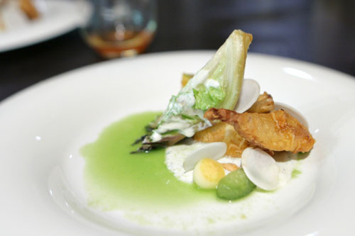 blue cheese buttermilk - quail - cucumber - peanut - green tomato - pink lady - turnip - cucumber juice - grilled baby gem