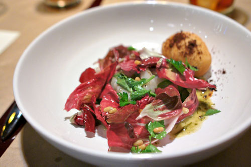 Raviolo of Liquefied Blood Pudding - Scallop Carpaccio - Caramelized Anchovy