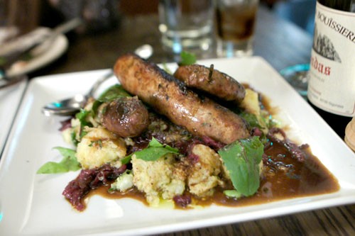 house made sausages, mustard potatoes & red cabbage in red wine