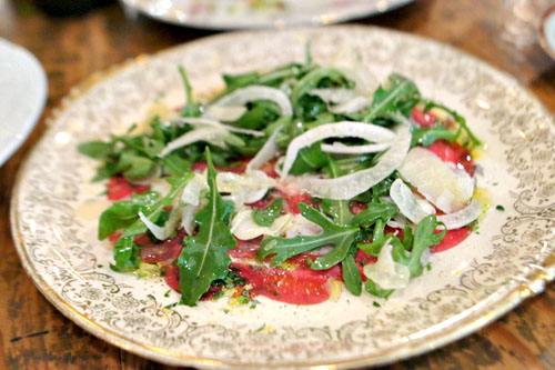 Venison Carpaccio, Horseradish Crème Fraiche, Pickled Garlic, Gremolata, Fennel