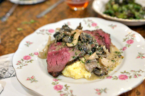 Hanger Steak, Polenta, Mushrooms, Snail, Herb Butter