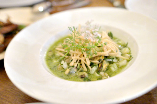 Clam & mussel pozole, Rancho Gordo hominy, green garlic