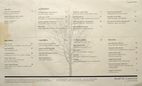 Rustic Canyon Menu