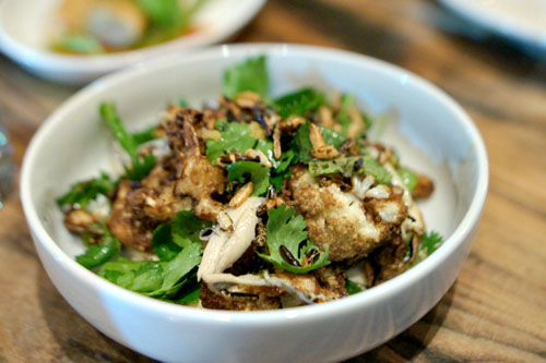 fried cauliflower, tahini, white anchovy, wild rice, lemon