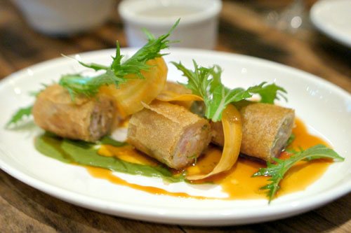 Shrimp & rabbit sausage spring roll, minutina, green curry