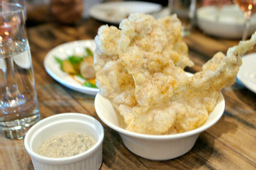 spicy beef tendon chip, charred onion pho dip