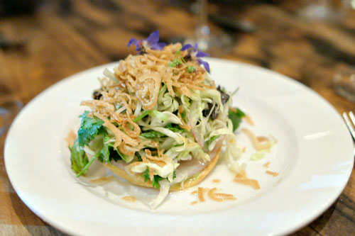 Kampachi tostada, herbs, fish sauce vinaigrette, peanut