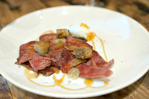 veal tongue, west indian gherkin, steelhead roe, black mustard