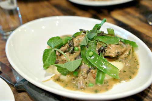 braised rabbit legs, snap peas, mushrooms, potato puree, mustard jus